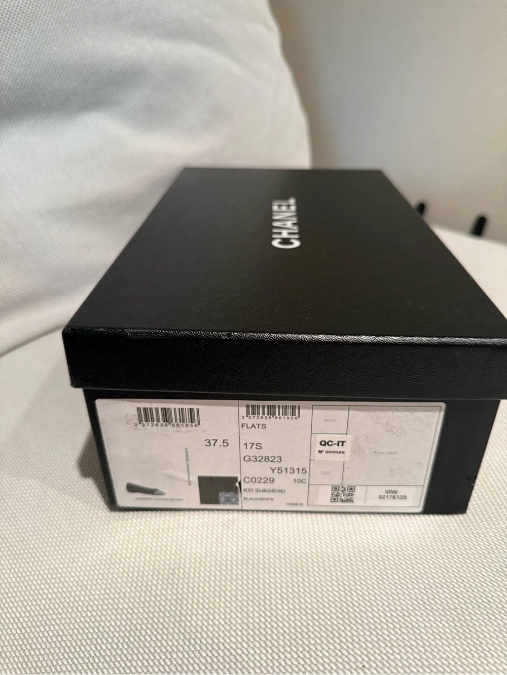 CHANEL black suede Ballet Flats with Cream Patterned Cap Toe